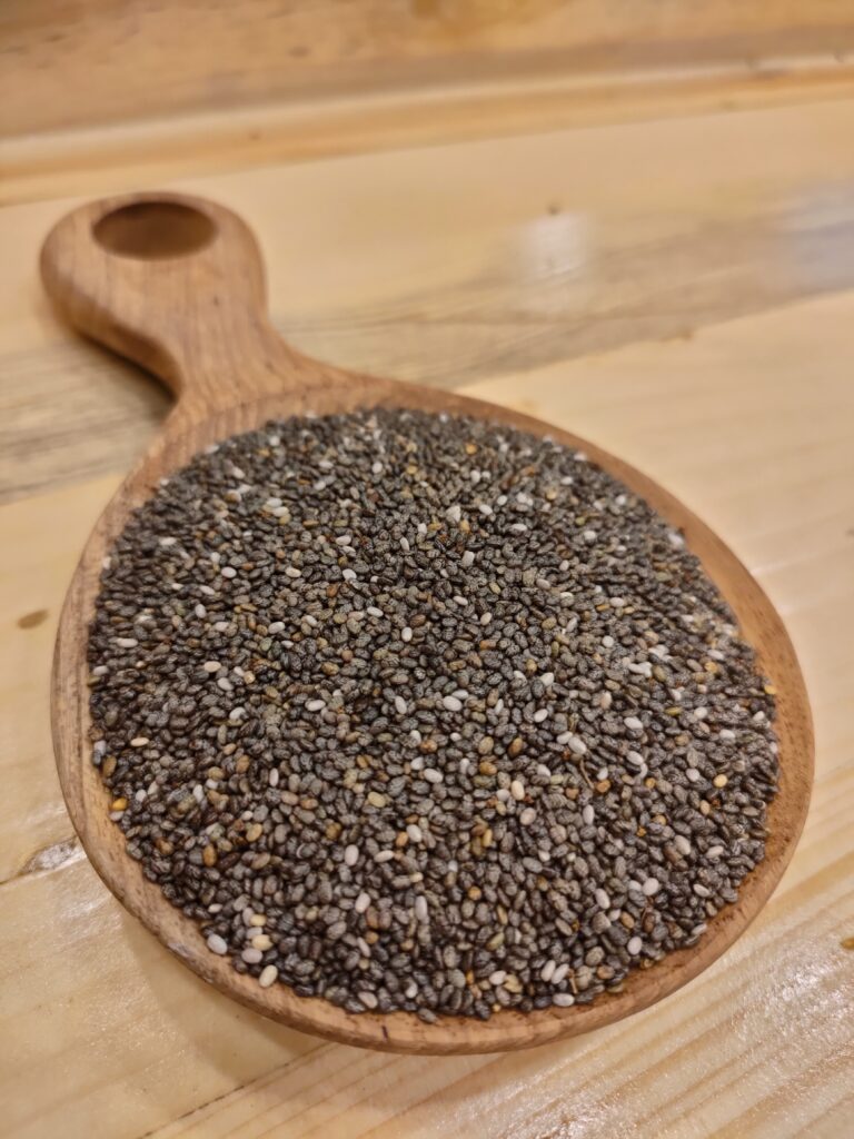 Chia Seeds on a wooden spoon