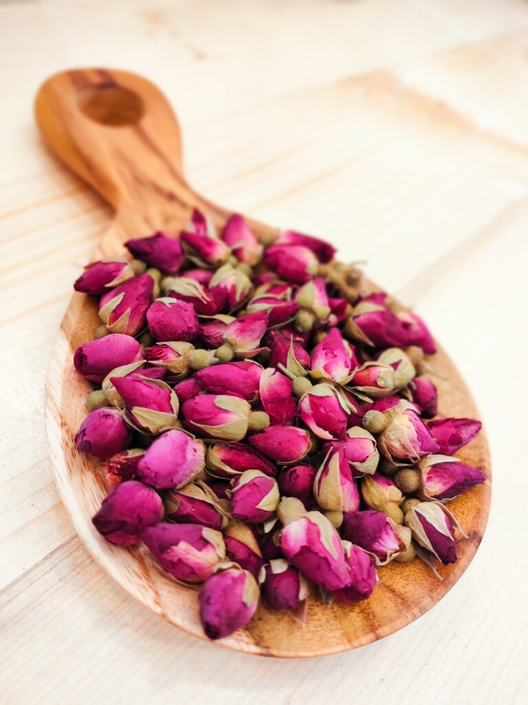 Rose Tea on a wooden spoon